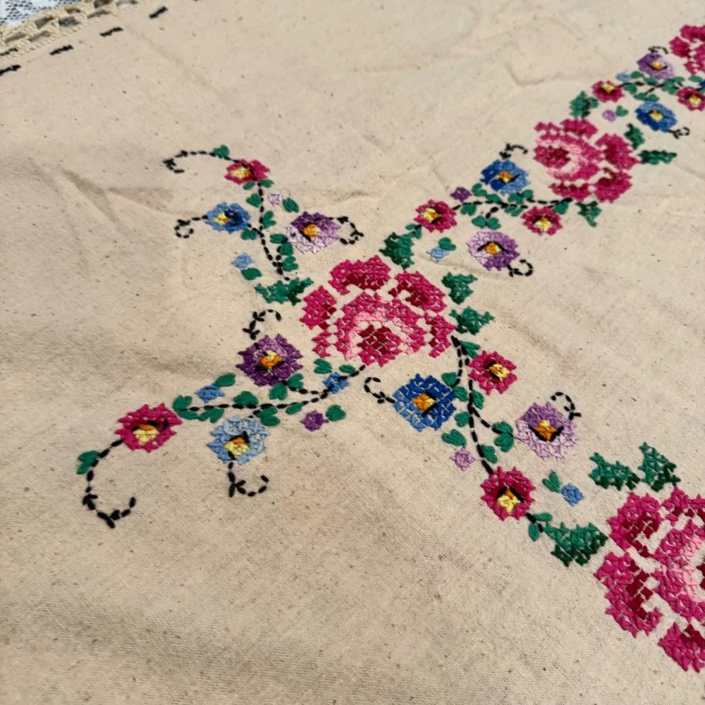 Vintage Embroidered Table Cloth Colorful Floral Cross Stitch Crochet‎ Edge 48x53
